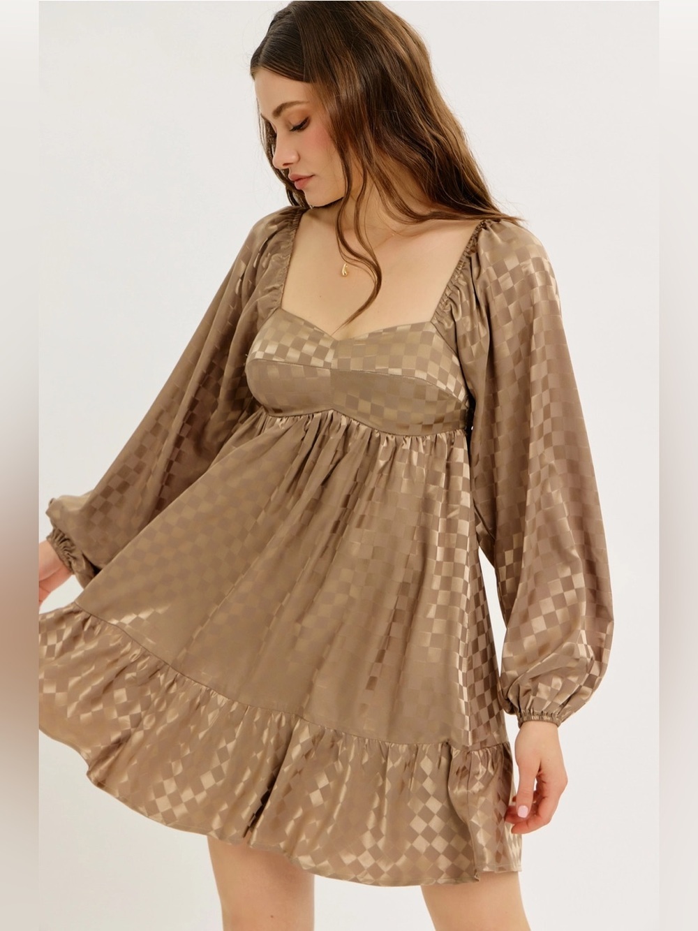 Shimmering Checkered Satin Babydoll Mini Dress - 437 & 585